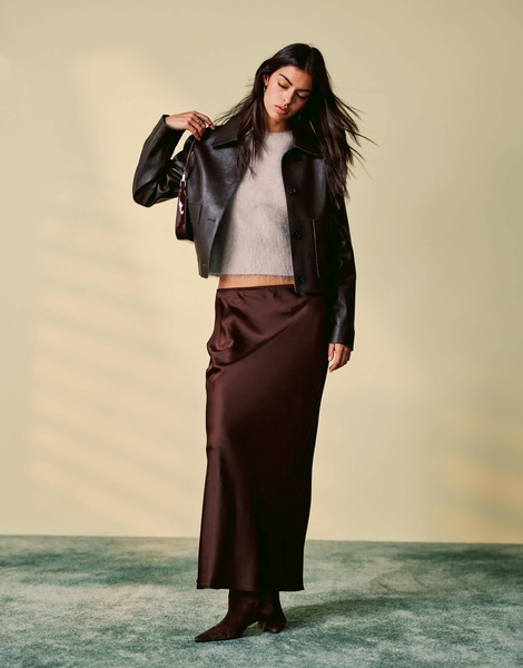 Mango satin midi skirt in brown