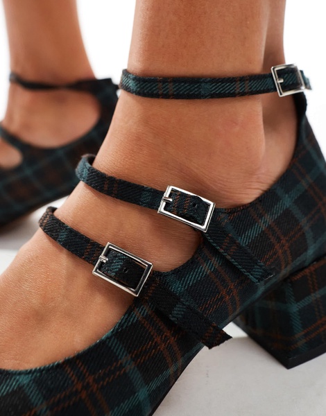 ASOS DESIGN Wide Fit Socco mid block heeled mary jane shoes in plaid