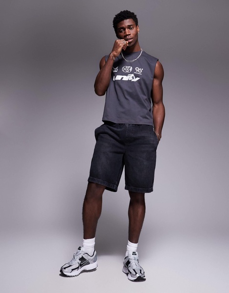ASOS DESIGN boxy oversized tank top with front chest graphic in charcoal