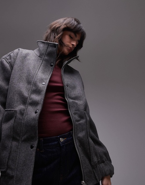 Topshop wool look bomber jacket in charcoal