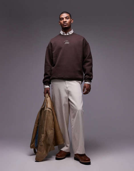 Topman heavyweight oversized fit sweatshirt with Paris embroidery in brown