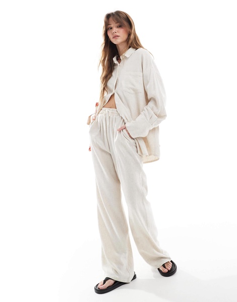 4th & Reckless linen blend oversized button up collared shirt in beige - part of a set