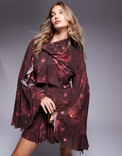 ASOS DESIGN mini dress with asymmetric cowl back detail and ruffles in cosmic burgundy print