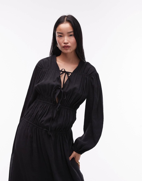 Topshop gathered bust midi dress in charcoal cupro