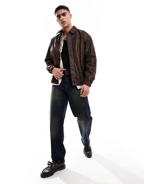 ASOS DESIGN oversized real leather harrington jacket in washed brown