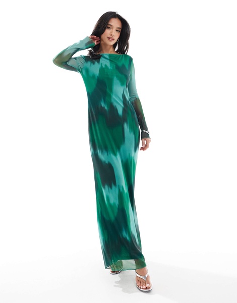 Vero Moda Petite long sleeved mesh maxi dress in dark green abstract