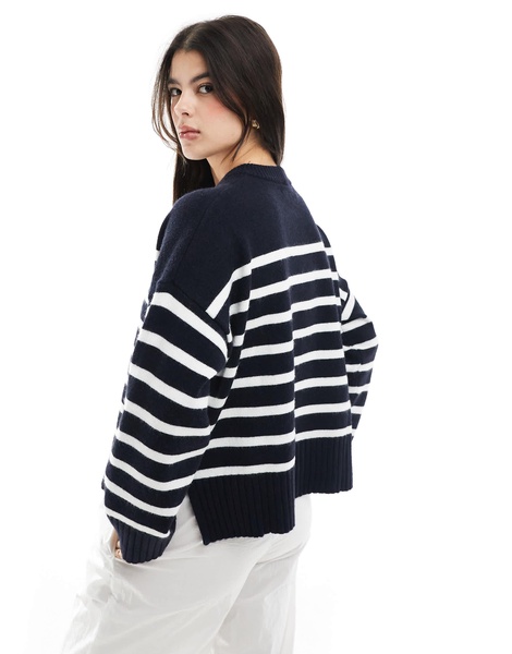 Bershka chunky crew neck sweater in navy & ecru stripe