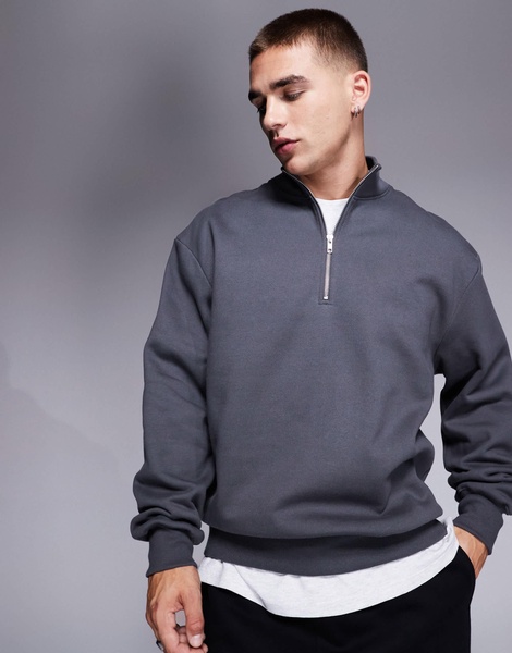 ASOS DESIGN premium heavyweight oversized quarter zip sweatshirt 400gsm in washed black