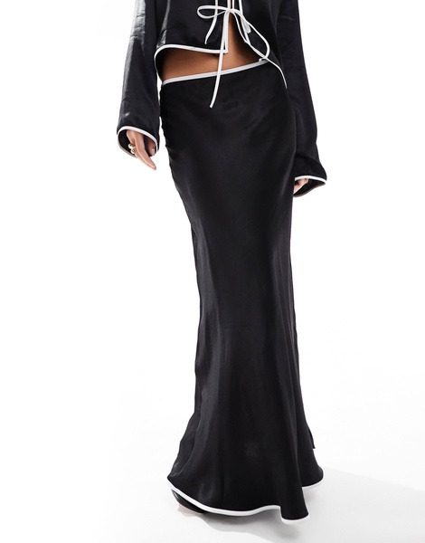 ASOS DESIGN satin bias contrast maxi skirt in black