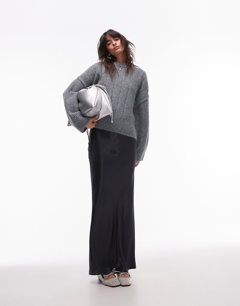 Topshop knitted fluffy rib oversized crew sweater in gray