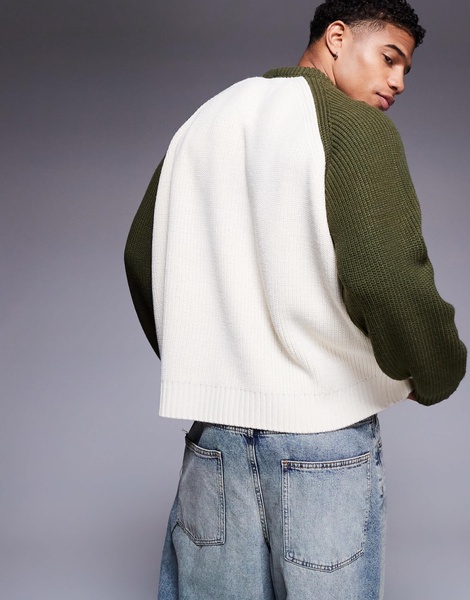 ASOS DESIGN super oversized boxy rib knit fisherman raglan sleeve sweater in dark green