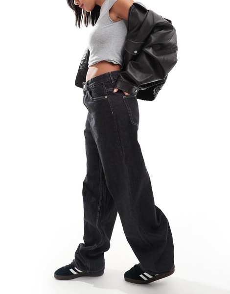 Bershka ultra wide leg contrast stitch jeans in black