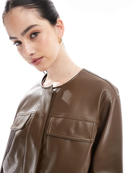 ASOS DESIGN cropped collarless leather look jacket in chocolate