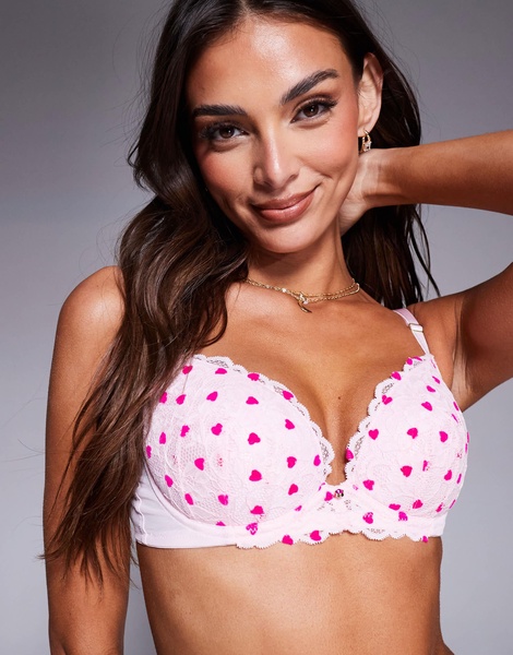 Ann Summers Sexy Lace flocked heart padded plunge bra in pink