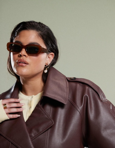 ASOS DESIGN Curve leather look bomber trench coat in chocolate