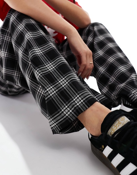 Bershka tie waist wide leg pants in black check