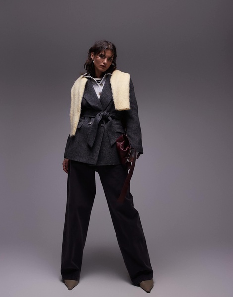 Topshop double breasted belted twill blazer coat in charcoal