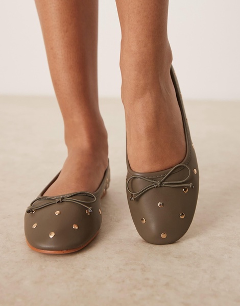 ASOS DESIGN Lynette high vamp studded ballet flats in khaki
