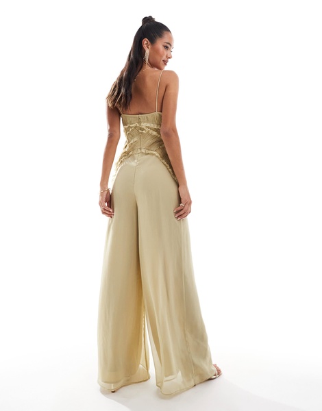 ASOS DESIGN corset detail raw edge wide leg jumpsuit in olive green