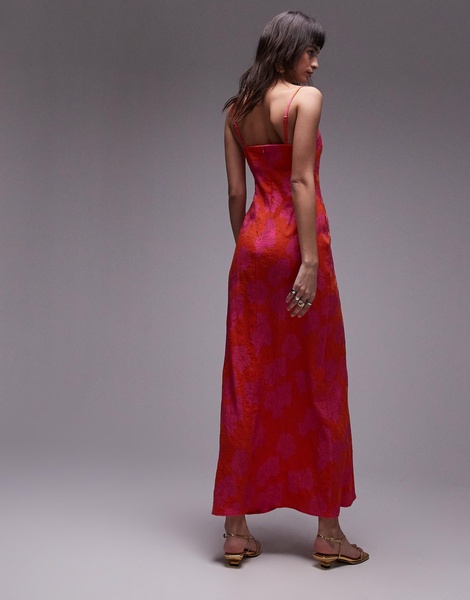 Topshop premium jacquard midi slip dress in pink and orange