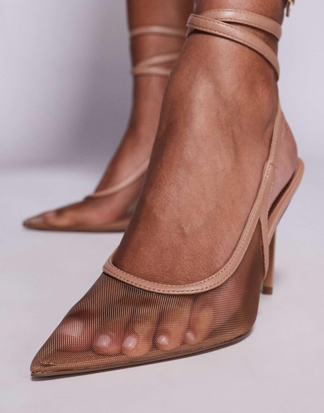 ASOS DESIGN Poetry mesh detail slingback high shoes in beige