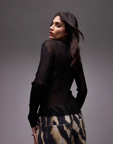 ARKET sheer knit long line fitted top in black