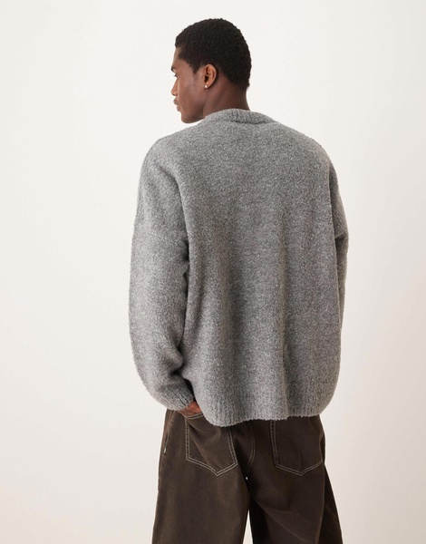 ASOS DESIGN super oversized boxy fit knit textured crew neck cardigan in heather gray with pockets