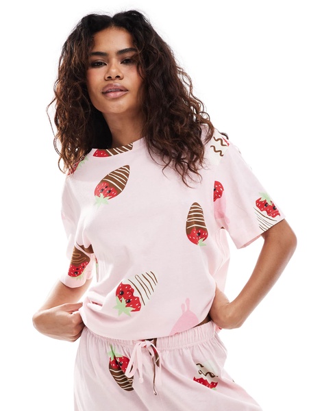 ASOS DESIGN chocolate strawberry oversized tee & shorts pajama set in pink