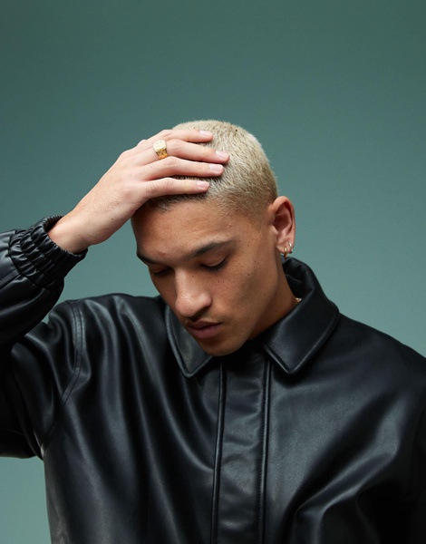 ASOS DESIGN faux leather oversized padded harrington jacket in black