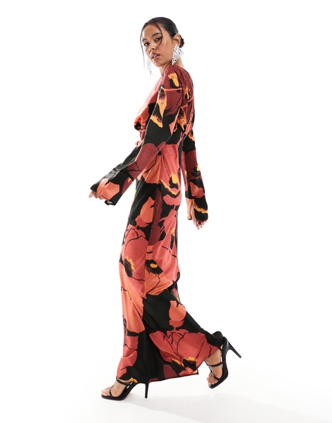 ASOS DESIGN draped front tuck sleeve bias maxi dress in abstract black based floral