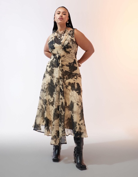 ASOS DESIGN Curve double layer halter midi dress in mustard abstract print