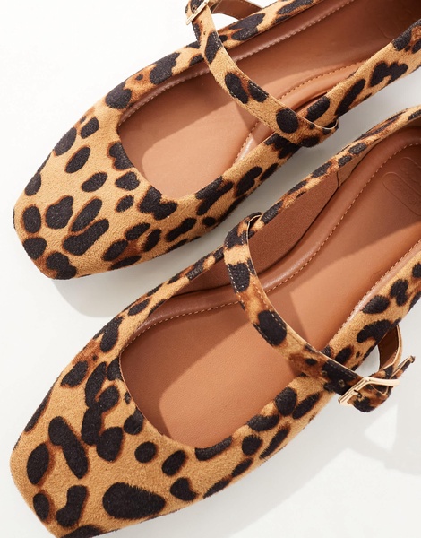 ASOS DESIGN Wide Fit Lottie Mary Jane Ballet Flats in leopard suedette