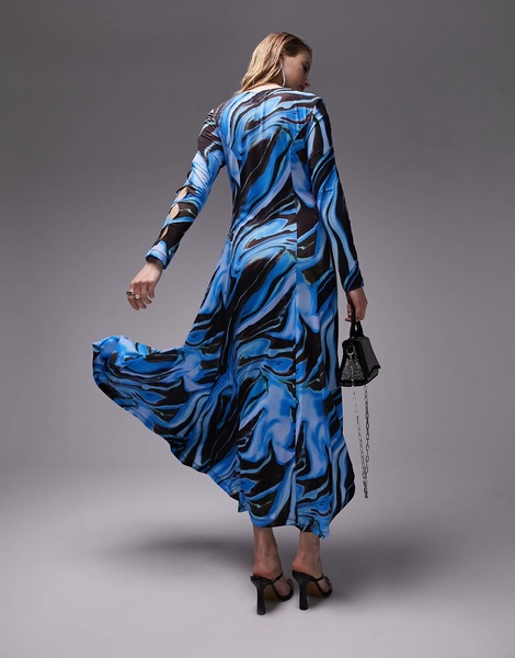 Topshop abstract swirl full skirt midi dress in blue