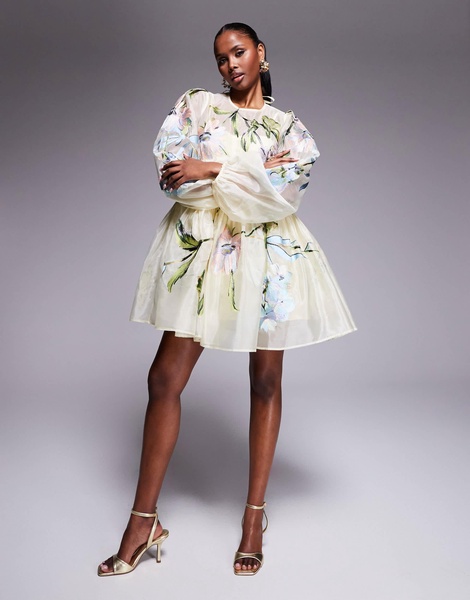 ASOS LUXE oversized organza mini smock dress with floral embroidery in buttermilk