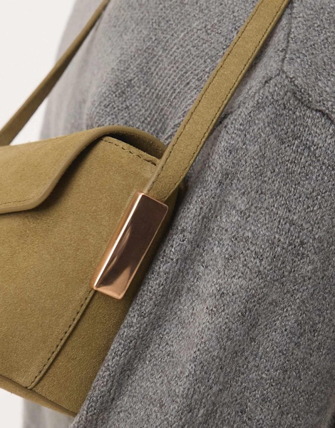 ASOS DESIGN suede asymmetric flap shoulder bag with strap hardware in khaki