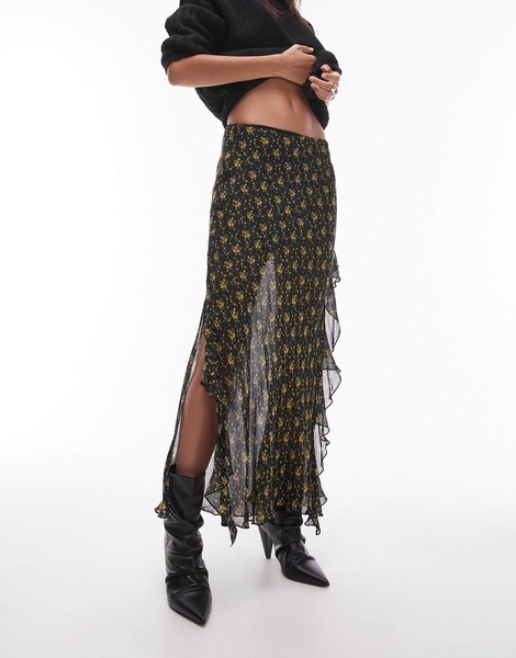 Topshop sheer ruffle maxi skirt in vintage mustard floral