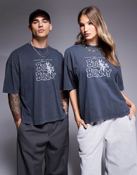 ASOS DESIGN unisex oversized license t-shirt with Bugs Bunny Looney Tunes prints in washed black