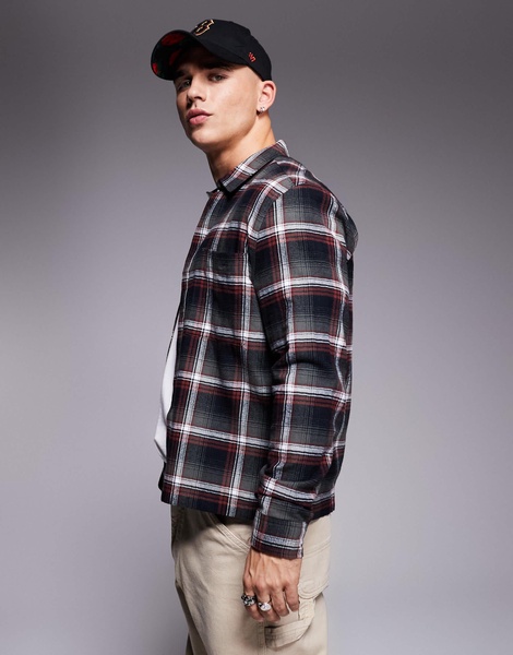 ASOS DESIGN boxy regular shirt in black and red check