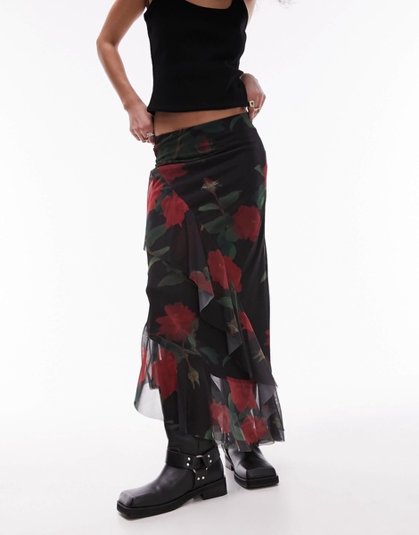 Topshop asymmetric ruffle mesh midi skirt in rose floral