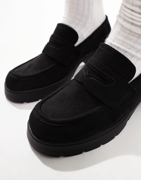 ASOS DESIGN Scribble chunky mid heeled loafers in black suedette