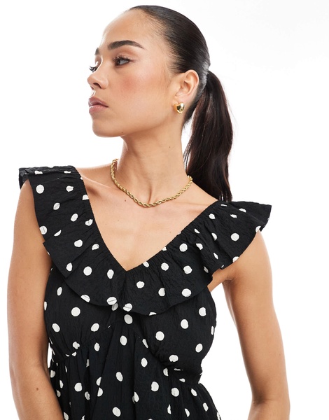 Brave Soul polka dot maxi dress with ruffle detail in black