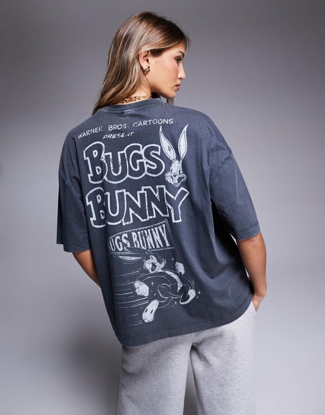 ASOS DESIGN unisex oversized license t-shirt with Bugs Bunny Looney Tunes prints in washed black