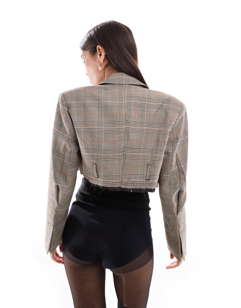 Bershka cropped blazer in brown plaid