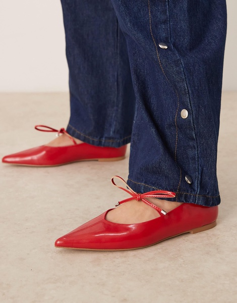 ASOS DESIGN Lithe pointed toe ballet flats with vamp tie in red