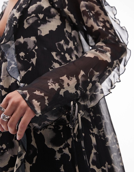 Topshop long sleeve ruffle midi dress in mono floral