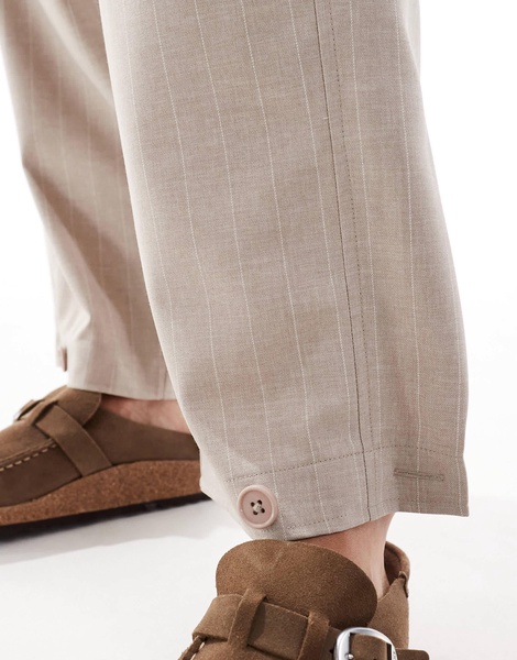 ASOS DESIGN button hem barrel tailored pants in taupe stripe