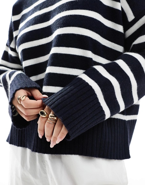 Bershka chunky crew neck sweater in navy & ecru stripe