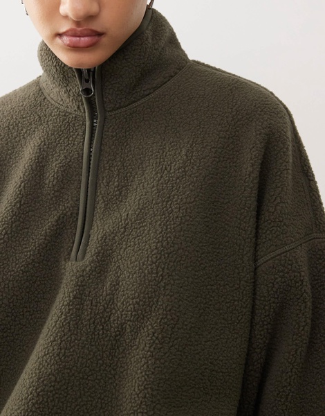 Weekday Carro half zip teddy sweatshirt in khaki