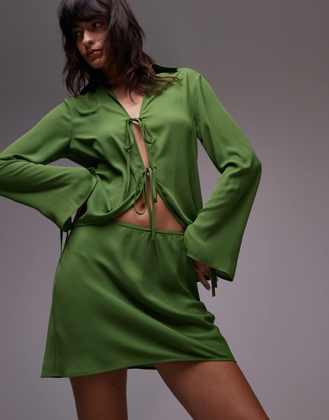Topshop bias cut crepe mini skirt in olive green