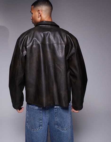 ASOS DESIGN faux leather harrington jacket in black wash